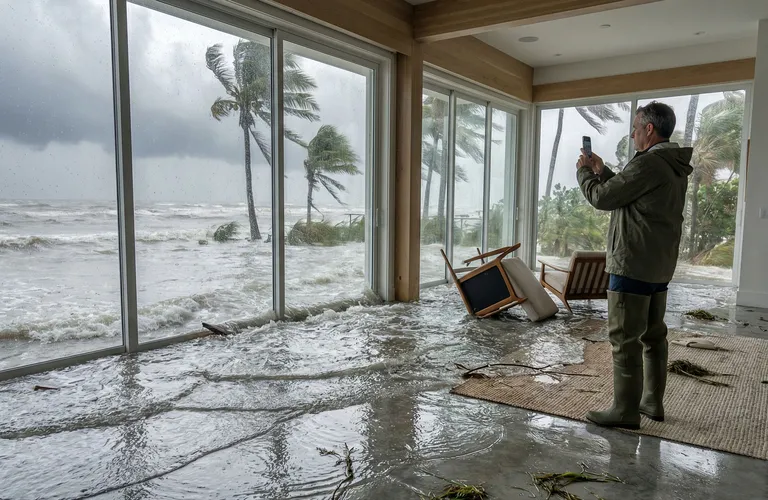 Hurricane flood damage to a home as a homeowner meets with an insurance adjuster to document losses